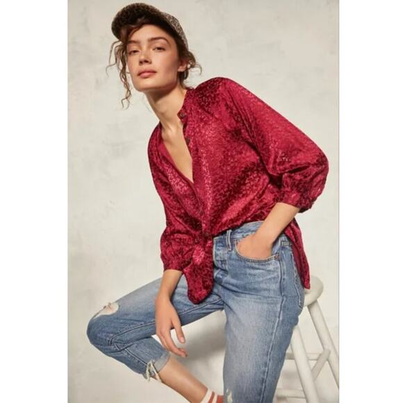 Anthropologie Susanna Red Burnout Velvet Button Front Blouse - Picture 2 of 8